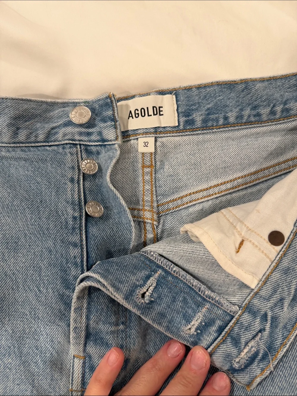 Agolde Light Blue Denim Frayed Hem Parker long Shorts 32